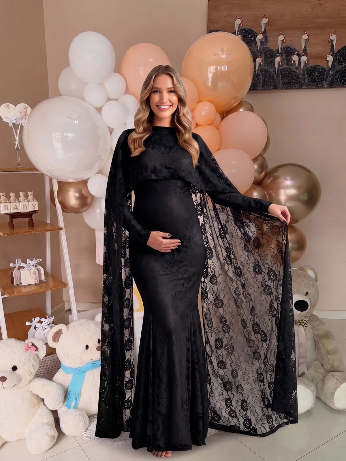 Black Floral Lace Maternity Maxi Dress with Cape