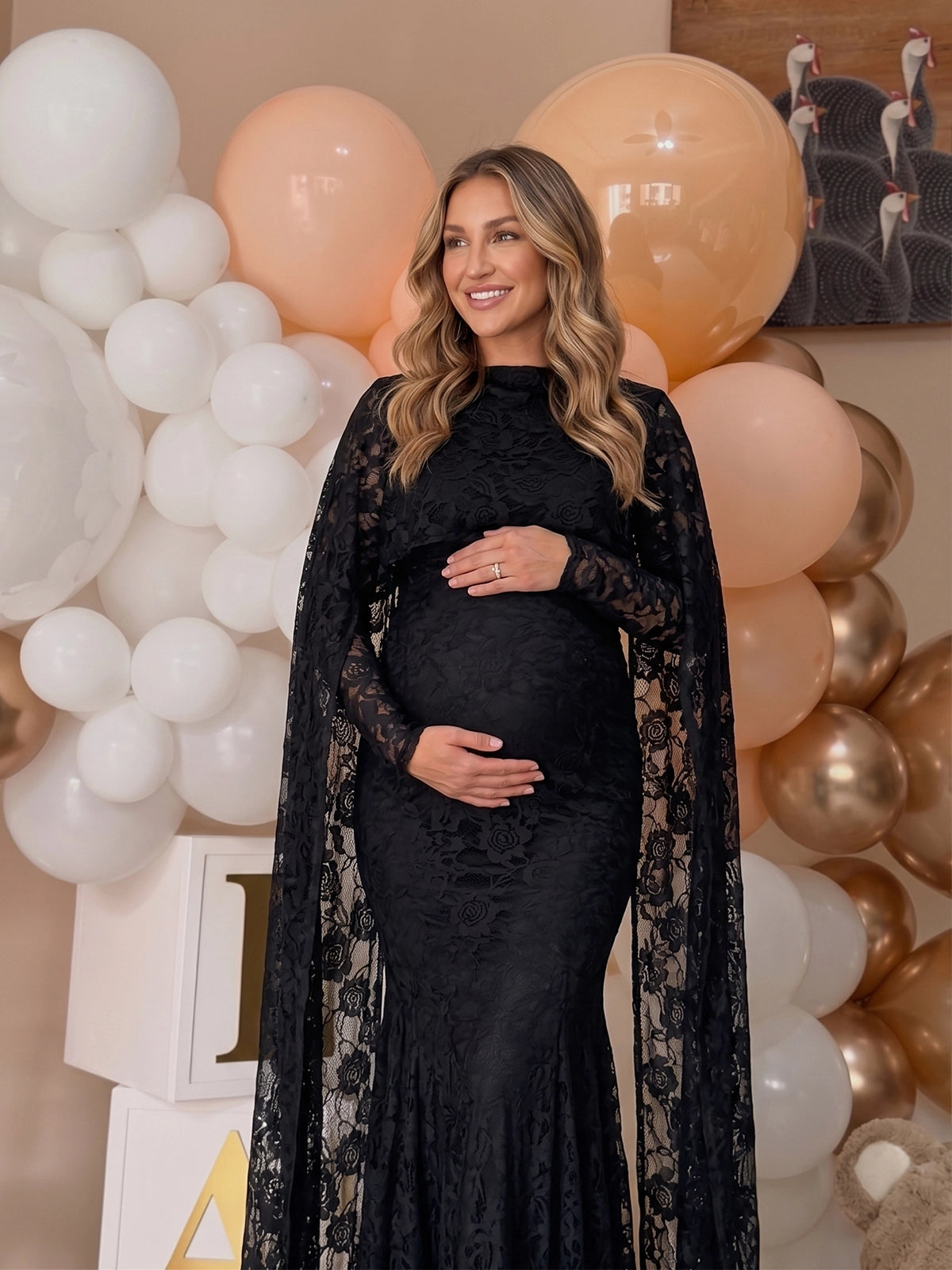 Black Floral Lace Maternity Maxi Dress with Cape
