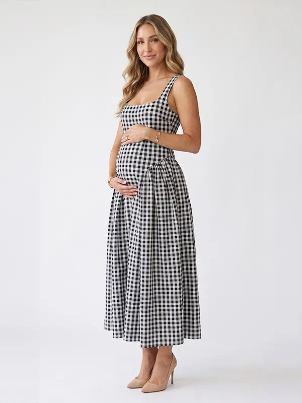 Black Gingham Maternity Maxi Dress – Adjustable Strap Flowy Princess Dress Stretch Pregnancy Outfit