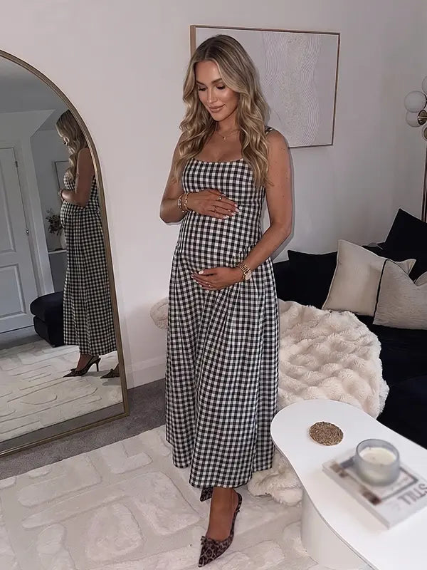 Black Gingham Maternity Maxi Dress – Adjustable Strap Flowy Princess Dress Stretch Pregnancy Outfit
