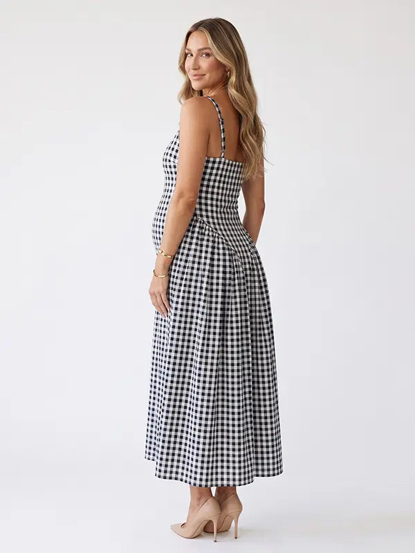 Black Gingham Maternity Maxi Dress – Adjustable Strap Flowy Princess Dress Stretch Pregnancy Outfit