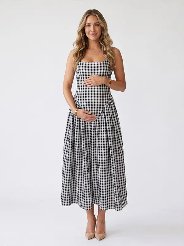 Black Gingham Maternity Maxi Dress – Adjustable Strap Flowy Princess Dress Stretch Pregnancy Outfit