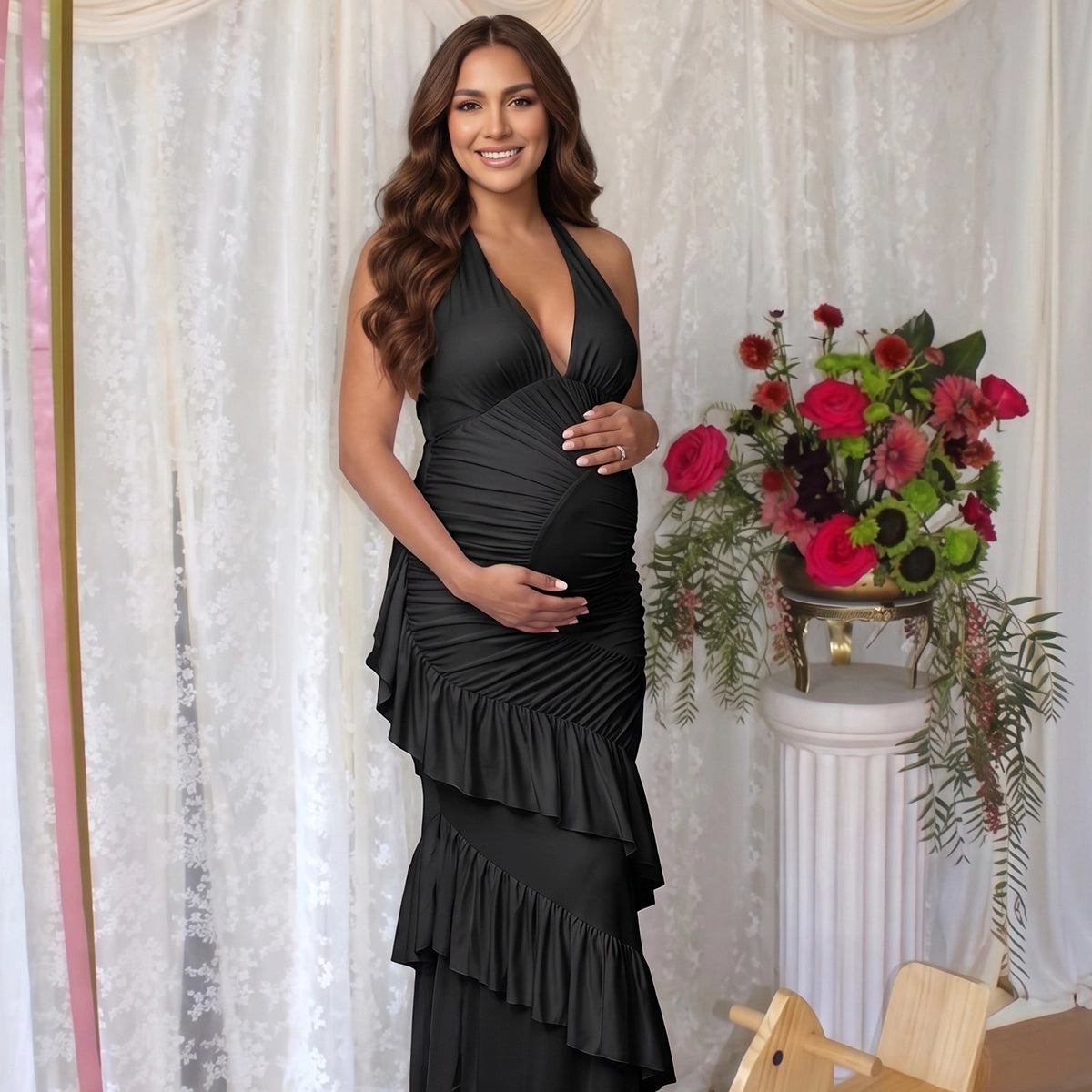 Black Halter Maternity Maxi Dress with Ruched Tiered Ruffles