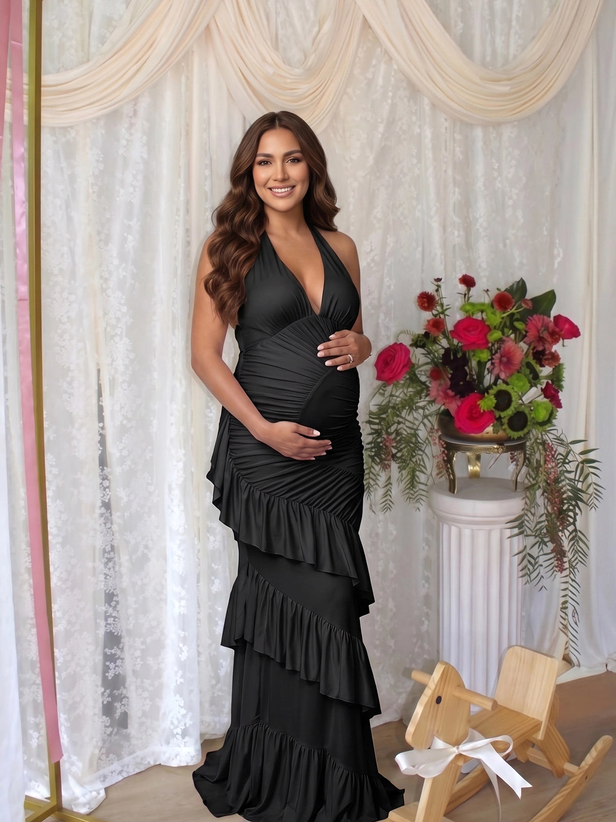 Black Halter Maternity Maxi Dress with Ruched Tiered Ruffles