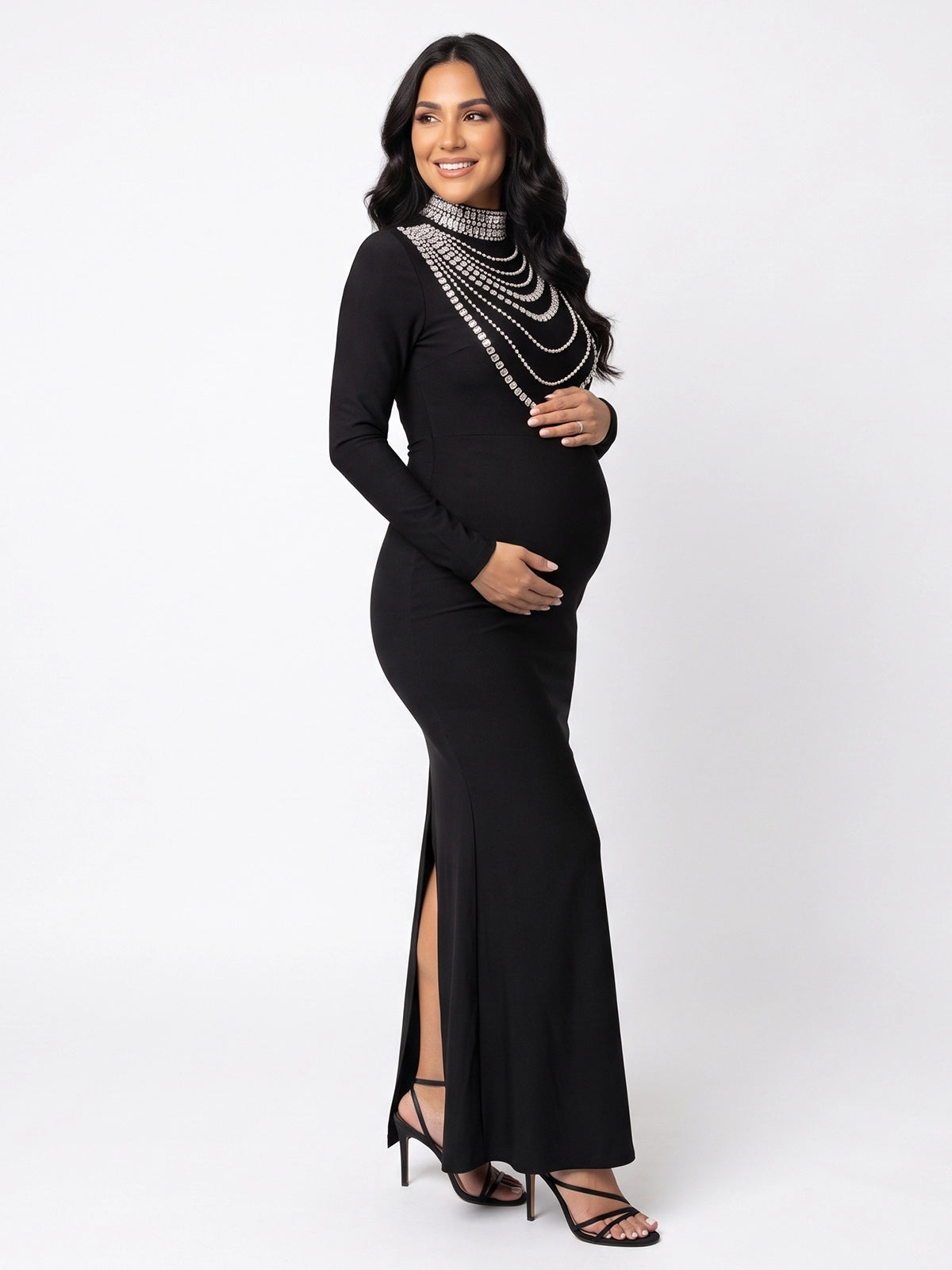 Black High Neck Rhinestone Back Slit Maternity Maxi Dress