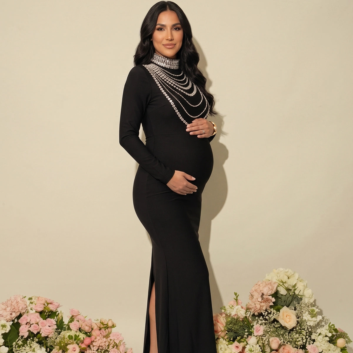 Black High Neck Rhinestone Back Slit Maternity Maxi Dress