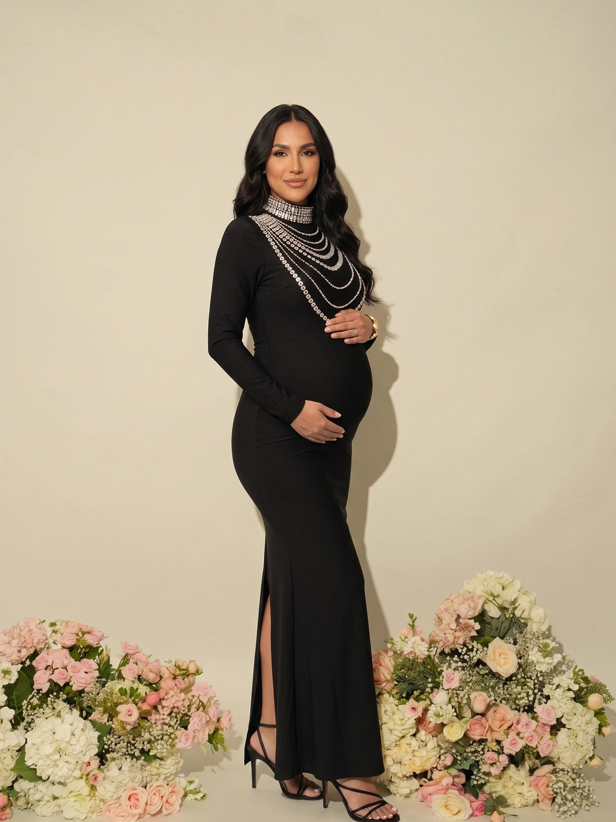 Black High Neck Rhinestone Back Slit Maternity Maxi Dress