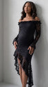 Black Lace Off-Shoulder Maternity Maxi Dress – Sheer Long Sleeve Bodycon Asymmetrical Elegant Gown