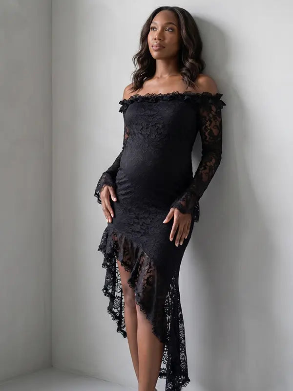Black Lace Off-Shoulder Maternity Maxi Dress – Sheer Long Sleeve Bodycon Asymmetrical Elegant Gown