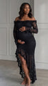 Black Lace Off-Shoulder Maternity Maxi Dress – Sheer Long Sleeve Bodycon Asymmetrical Elegant Gown