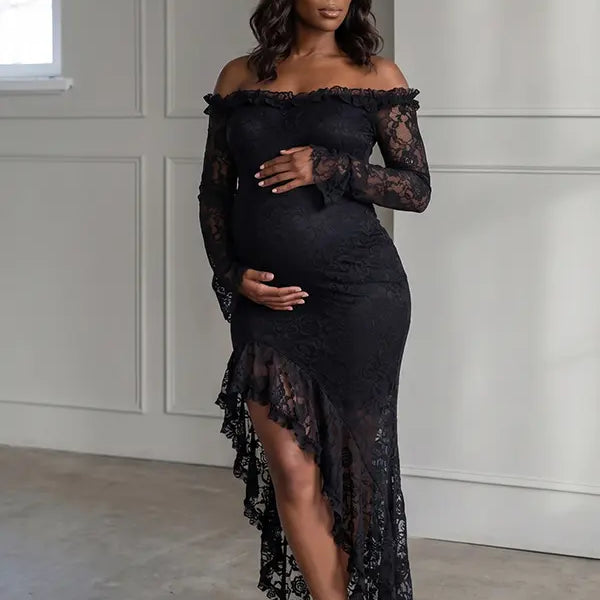 Black Lace Off-Shoulder Maternity Maxi Dress – Sheer Long Sleeve Bodycon Asymmetrical Elegant Gown