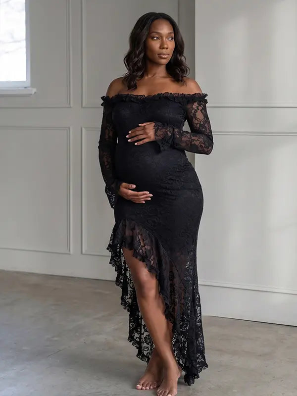 Black Lace Off-Shoulder Maternity Maxi Dress – Sheer Long Sleeve Bodycon Asymmetrical Elegant Gown
