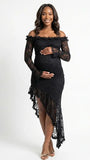 Black Lace Off-Shoulder Maternity Maxi Dress – Sheer Long Sleeve Bodycon Asymmetrical Elegant Gown