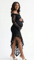 Black Lace Off-Shoulder Maternity Maxi Dress – Sheer Long Sleeve Bodycon Asymmetrical Elegant Gown