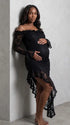 Black Lace Off-Shoulder Maternity Maxi Dress – Sheer Long Sleeve Bodycon Asymmetrical Elegant Gown