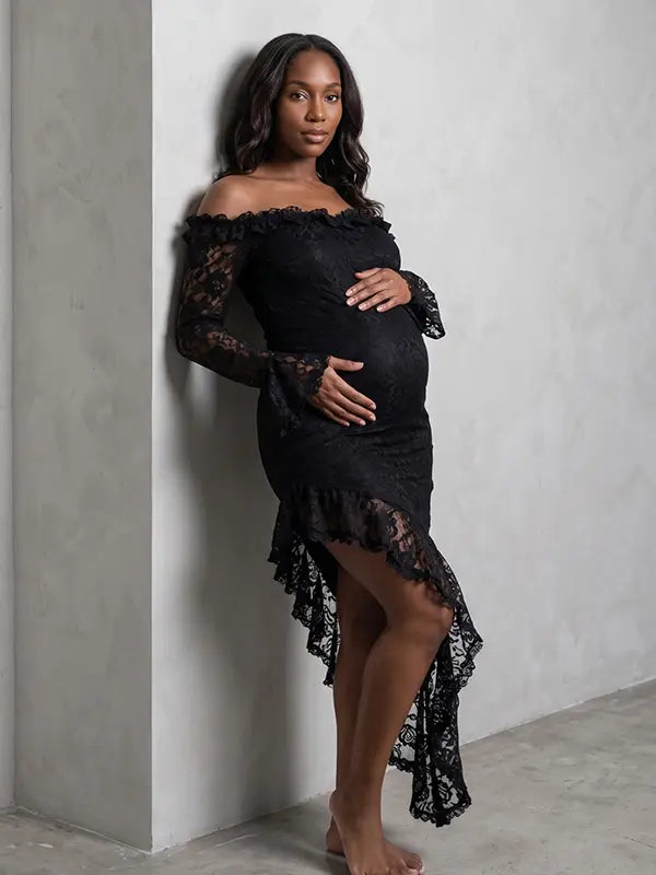 Black Lace Off-Shoulder Maternity Maxi Dress – Sheer Long Sleeve Bodycon Asymmetrical Elegant Gown