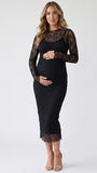 Black Yellow Long-Sleeve Floral Lace Two Piece Maternity Midi Dress