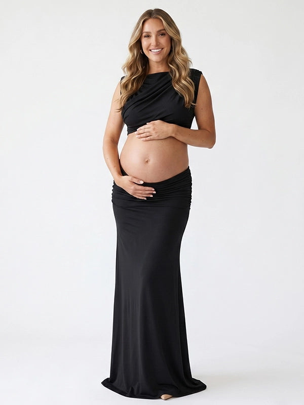 Black Mock-Neck Ruched Crop Two Piece Maternity Maxi Gown