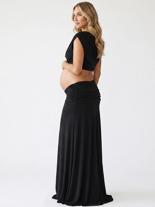 Black Mock-Neck Ruched Crop Two Piece Maternity Maxi Gown