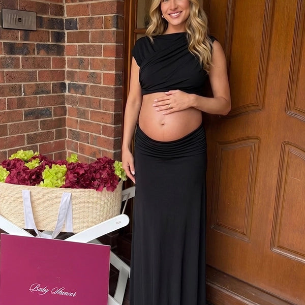 Black Mock-Neck Ruched Crop Two Piece Maternity Maxi Gown
