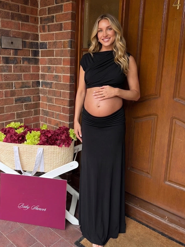 Black Mock-Neck Ruched Crop Two Piece Maternity Maxi Gown