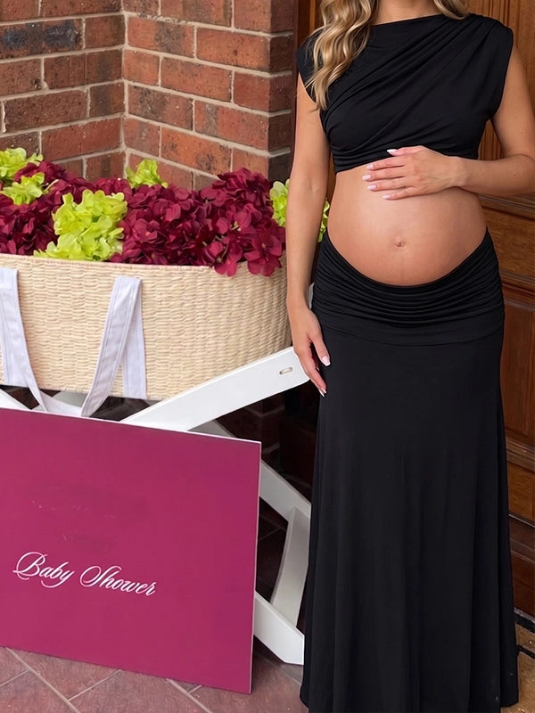Black Mock-Neck Ruched Crop Two Piece Maternity Maxi Gown