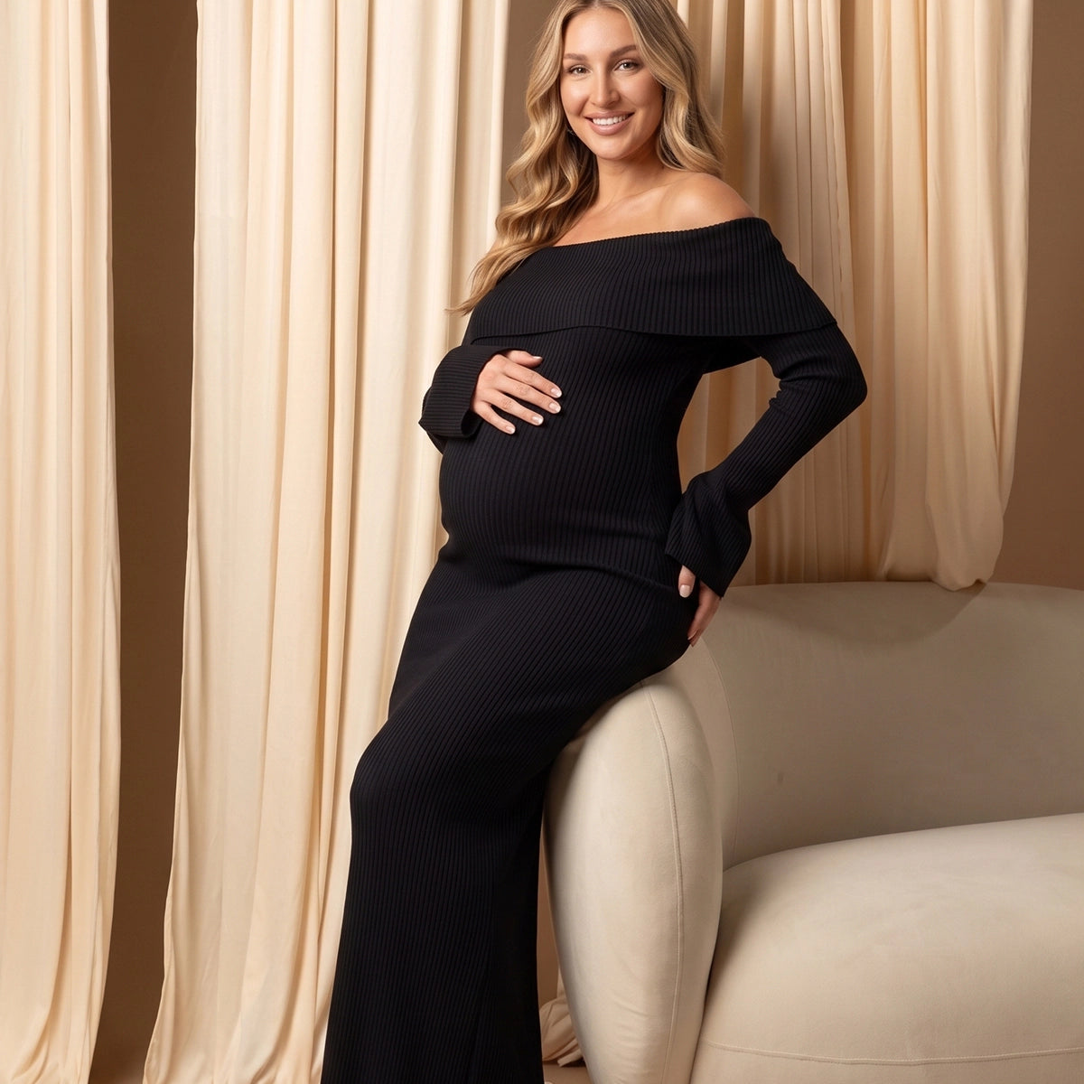 Black Off Shoulder Knit Ruched Maternity Maxi Dress