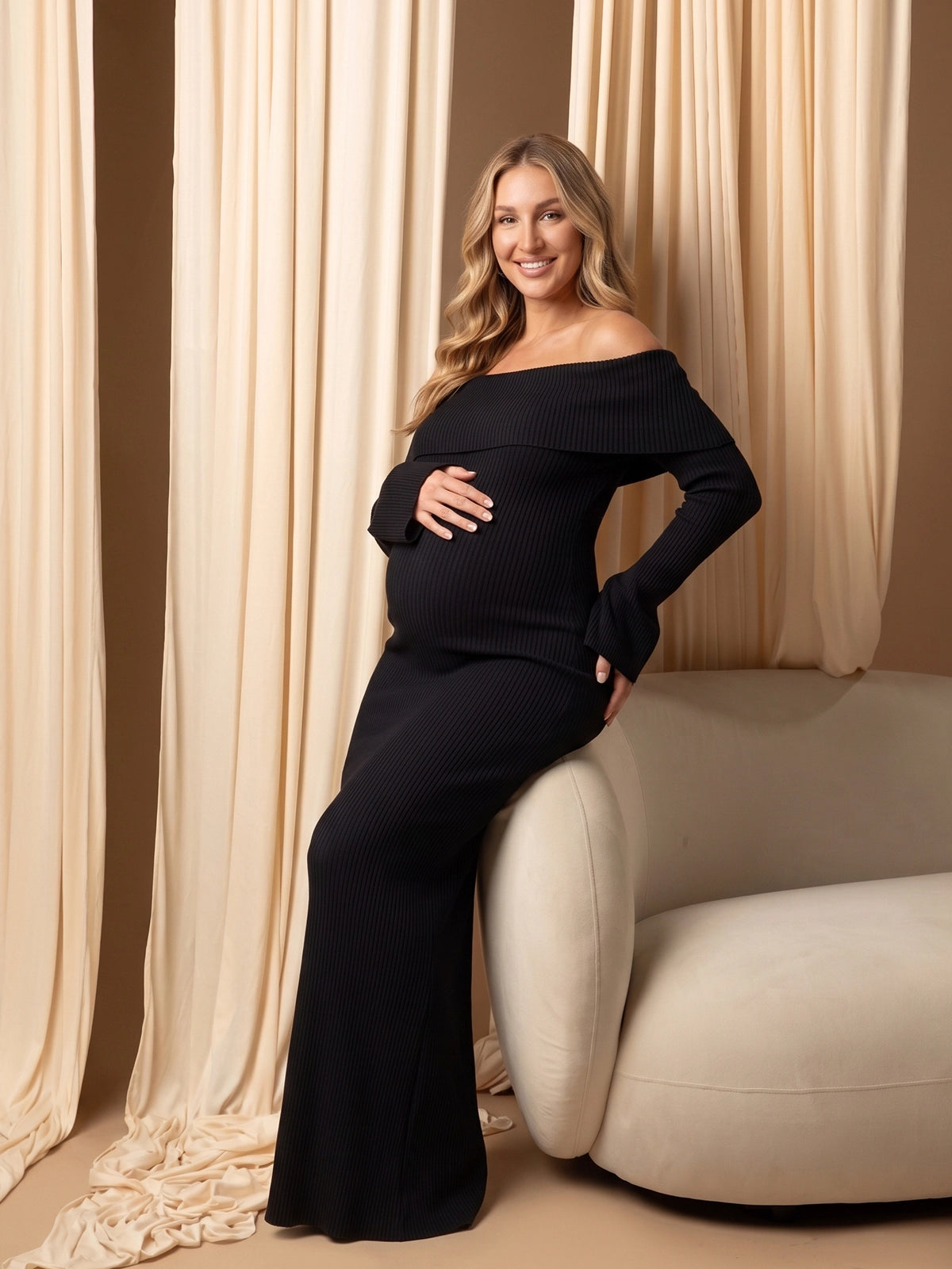Black Off Shoulder Knit Ruched Maternity Maxi Dress