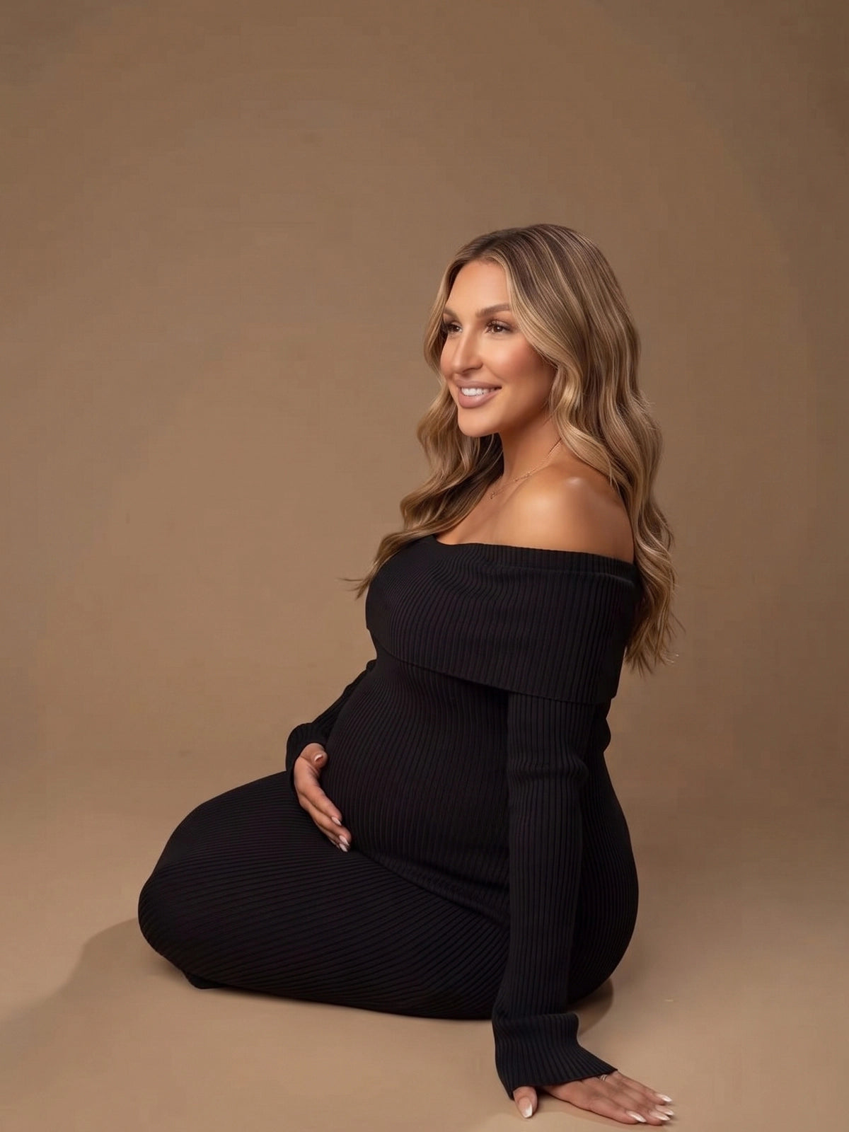 Black Off Shoulder Knit Ruched Maternity Maxi Dress