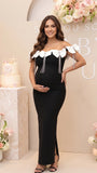 Black Off Shoulder Maternity Maxi Dress with White Bows & Rhinestone Fringe