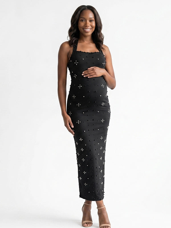 Black Rhinestone-Embellished Halter Maternity Column Gown