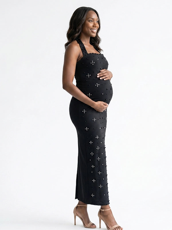 Black Rhinestone-Embellished Halter Maternity Column Gown