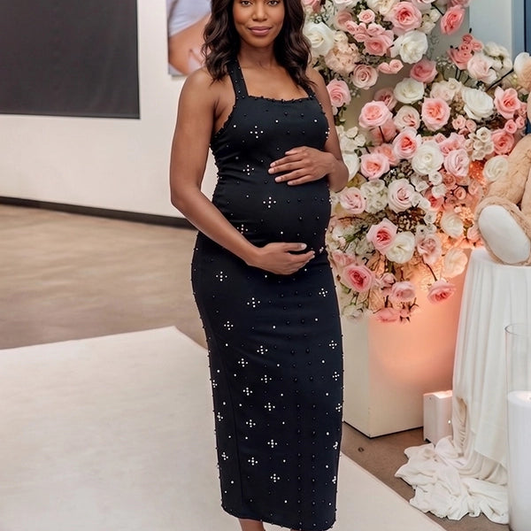 Black Rhinestone-Embellished Halter Maternity Column Gown