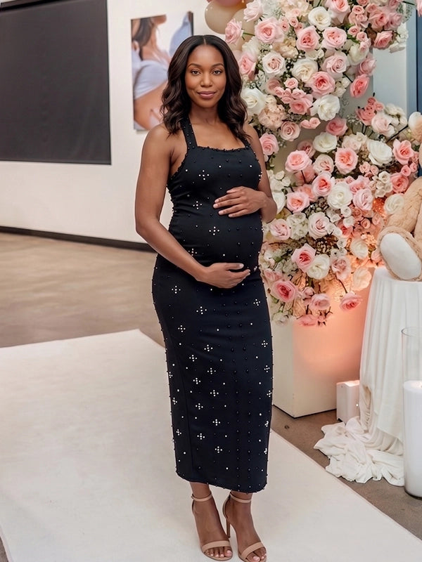 Black Rhinestone-Embellished Halter Maternity Column Gown