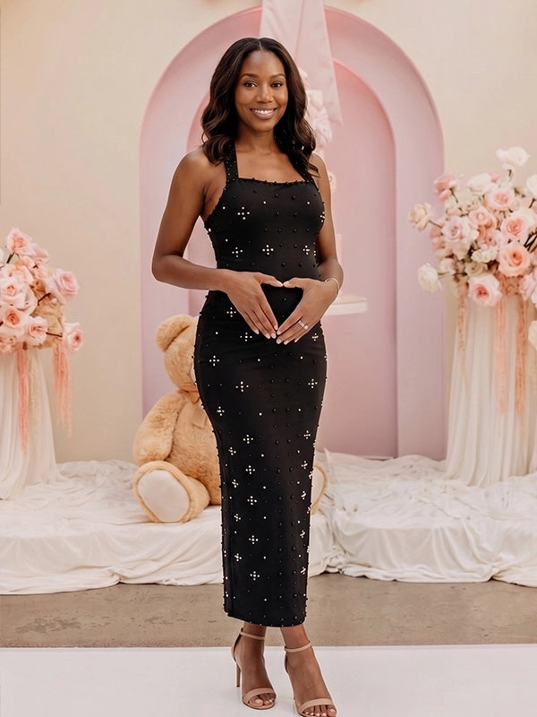 Black Rhinestone-Embellished Halter Maternity Column Gown