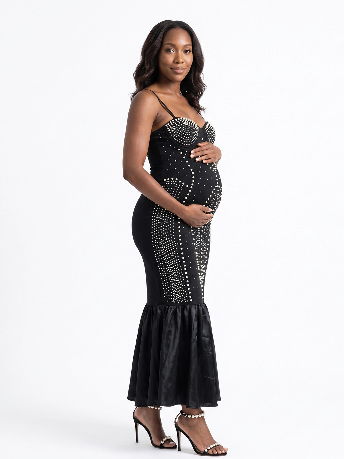 Black Rhinestone & Pearl Cami Mermaid Maternity Maxi Dress