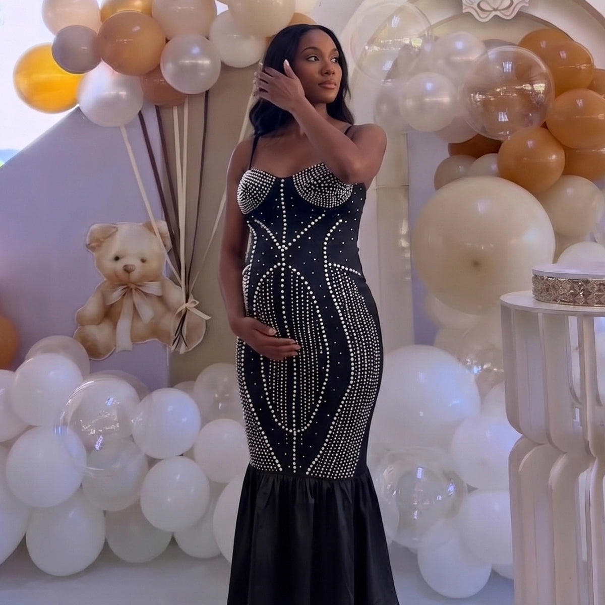 Black Rhinestone & Pearl Cami Mermaid Maternity Maxi Dress