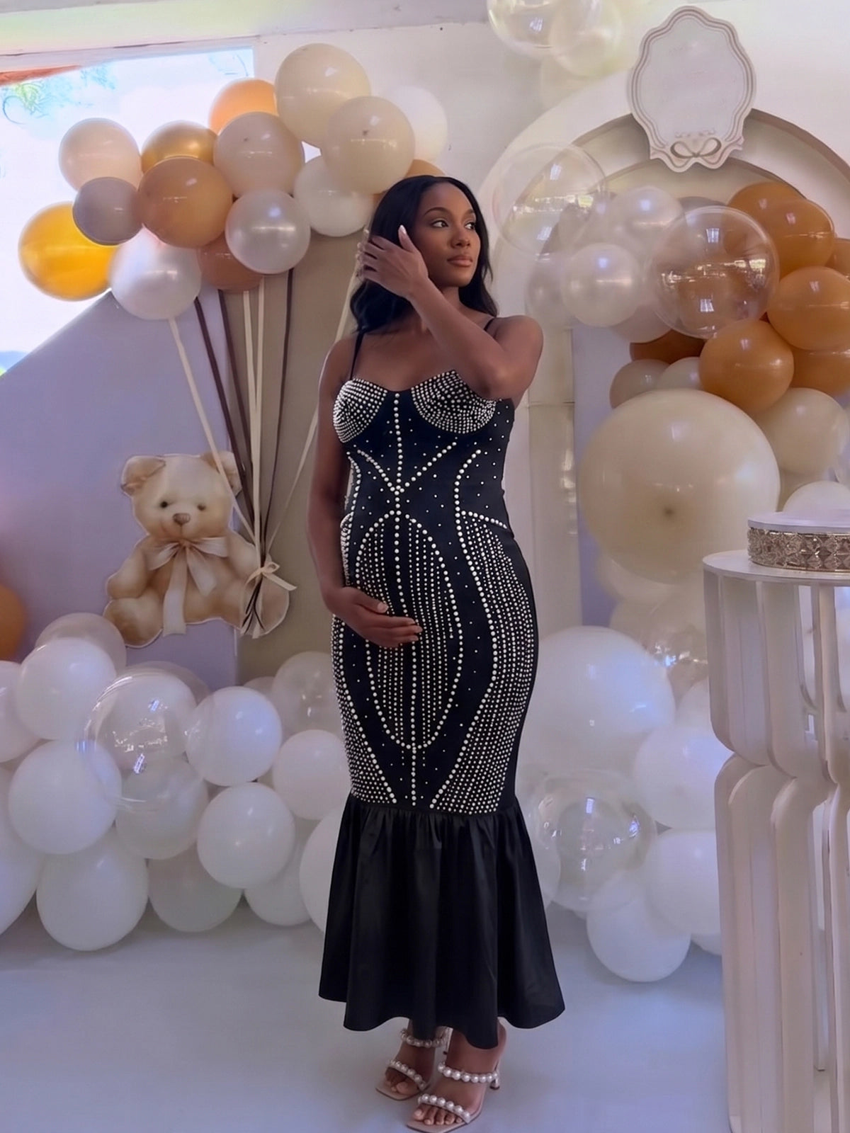 Black Rhinestone & Pearl Cami Mermaid Maternity Maxi Dress