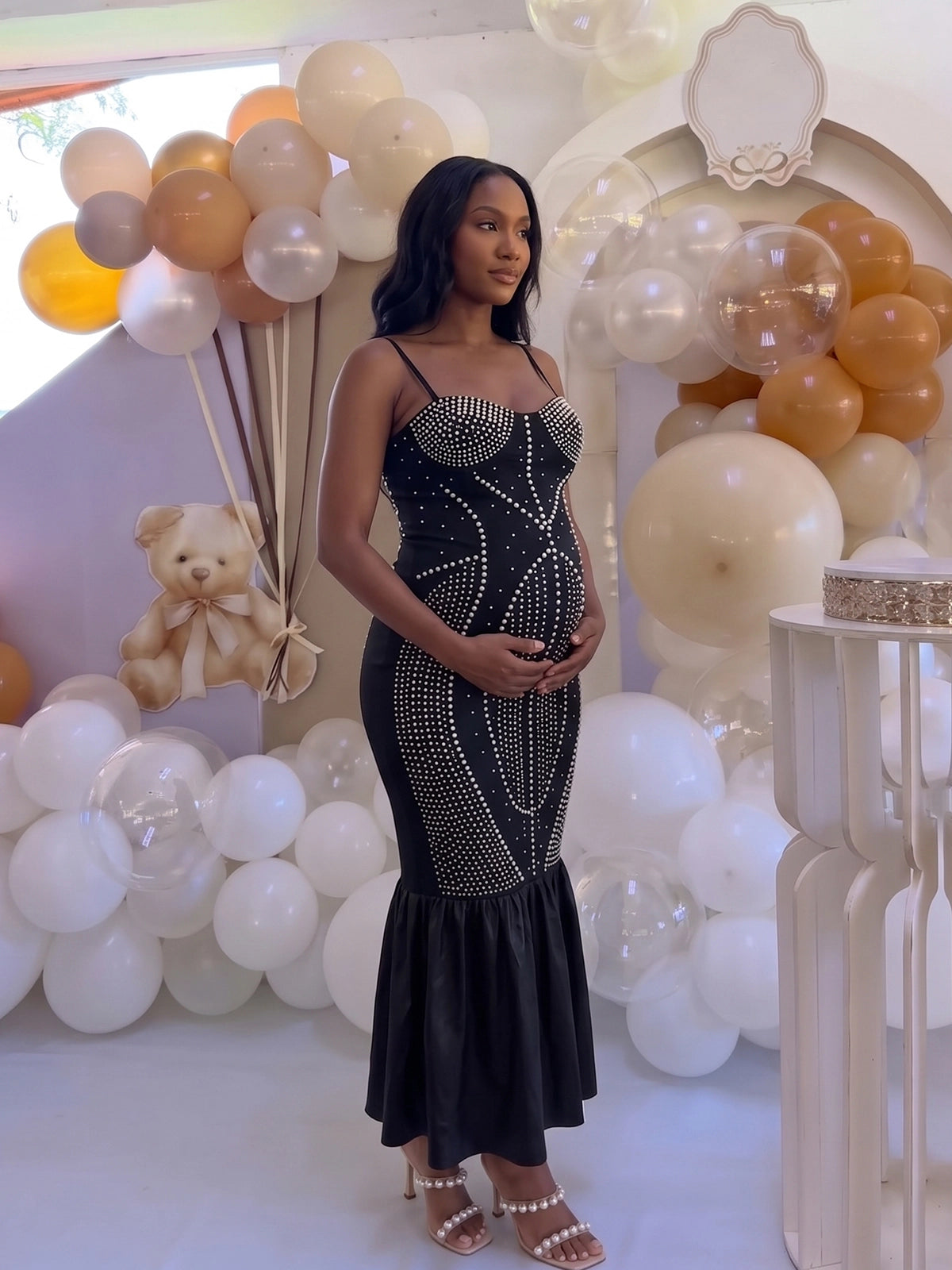 Black Rhinestone & Pearl Cami Mermaid Maternity Maxi Dress