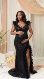 Black Sequin Backless High Slit Maternity Maxi Gown with Feather Trim