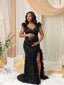 Black Sequin Backless High Slit Maternity Maxi Gown with Feather Trim