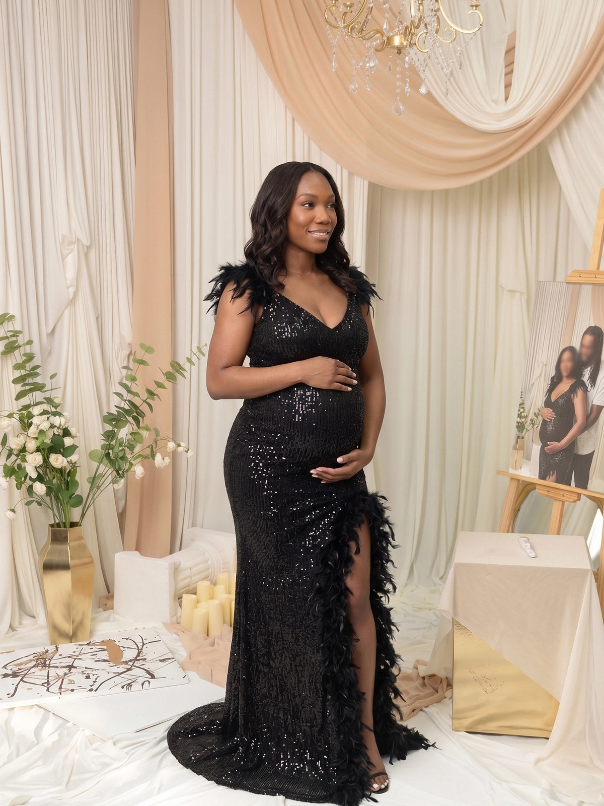 Black Sequin Backless High Slit Maternity Maxi Gown with Feather Trim