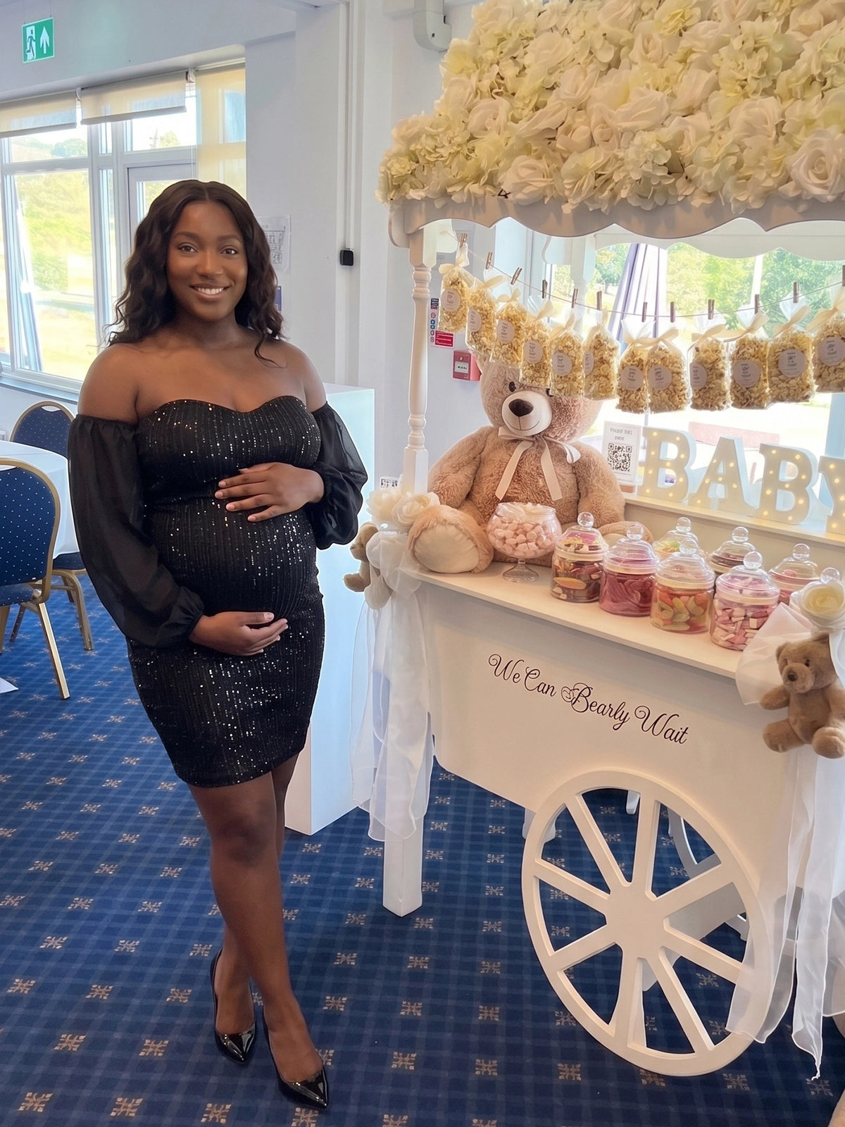 Black Sequin Off Shoulder Plus Size Maternity Mini Dress with Chiffon Sleeves