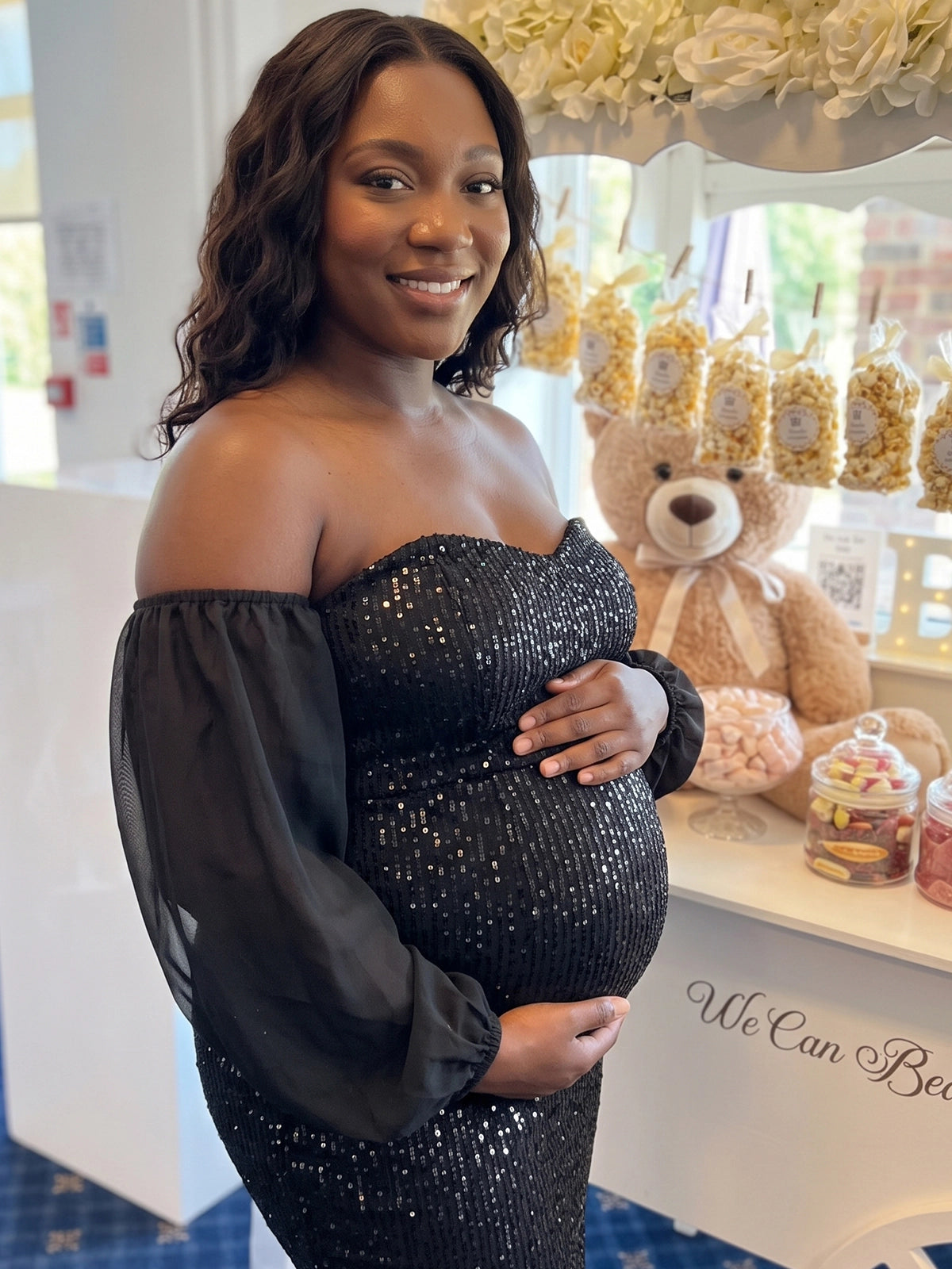 Black Sequin Off Shoulder Plus Size Maternity Mini Dress with Chiffon Sleeves