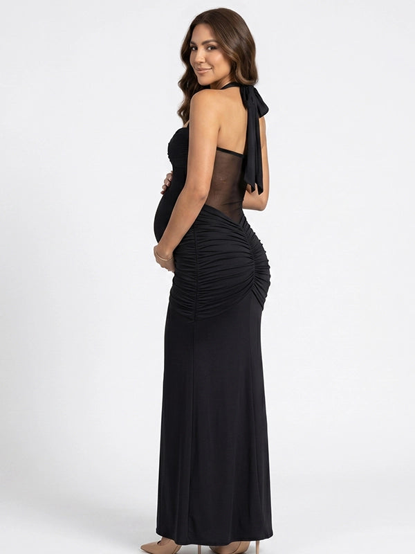 Black Sheer Mesh Ruched Draped Halter Maternity Maxi Dress