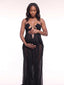 Black Sheer Tulle Goddess Maternity Gown — Rhinestone Chain Halter Maxi Dress