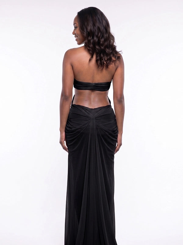 Black Sheer Tulle Goddess Maternity Gown — Rhinestone Chain Halter Maxi Dress
