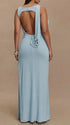 Light Blue Backless Maternity Maxi Dress – Sleeveless Crew Neck Ruched Bodycon Gown with Side Slit
