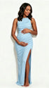 Light Blue Backless Maternity Maxi Dress – Sleeveless Crew Neck Ruched Bodycon Gown with Side Slit