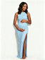 Light Blue Backless Bodycon Maternity Maxi Dress — Ruched Pregnancy Gown